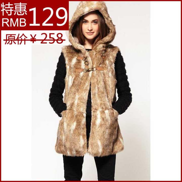 Free shipping 2012 faux medium-long with a hood wool vest wool outerwear plus size