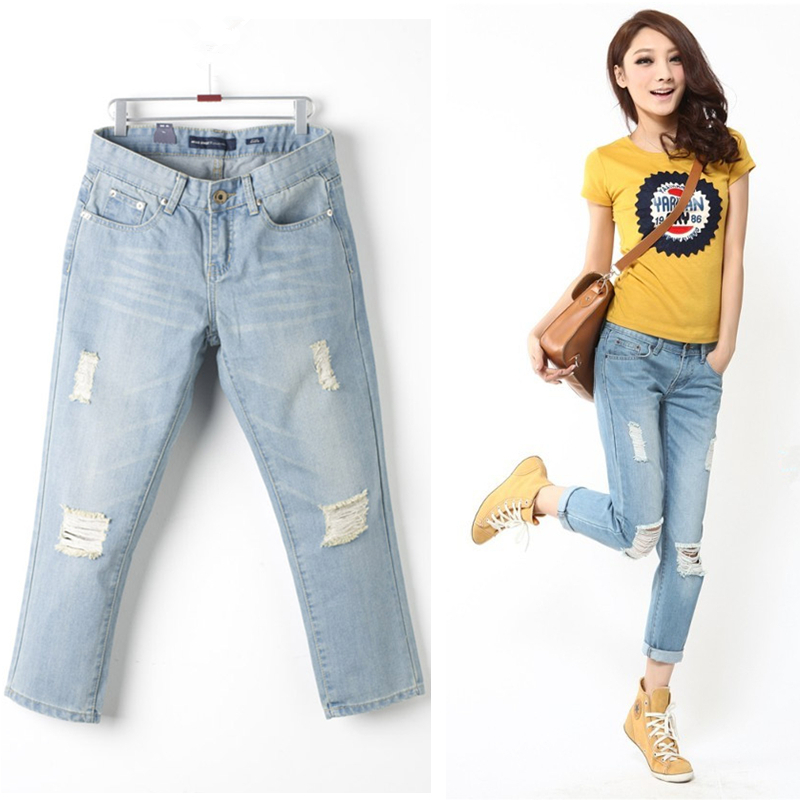 Free shipping, 2012 female ankle length trousers hole loose plus size casual jeans ankle length trousers