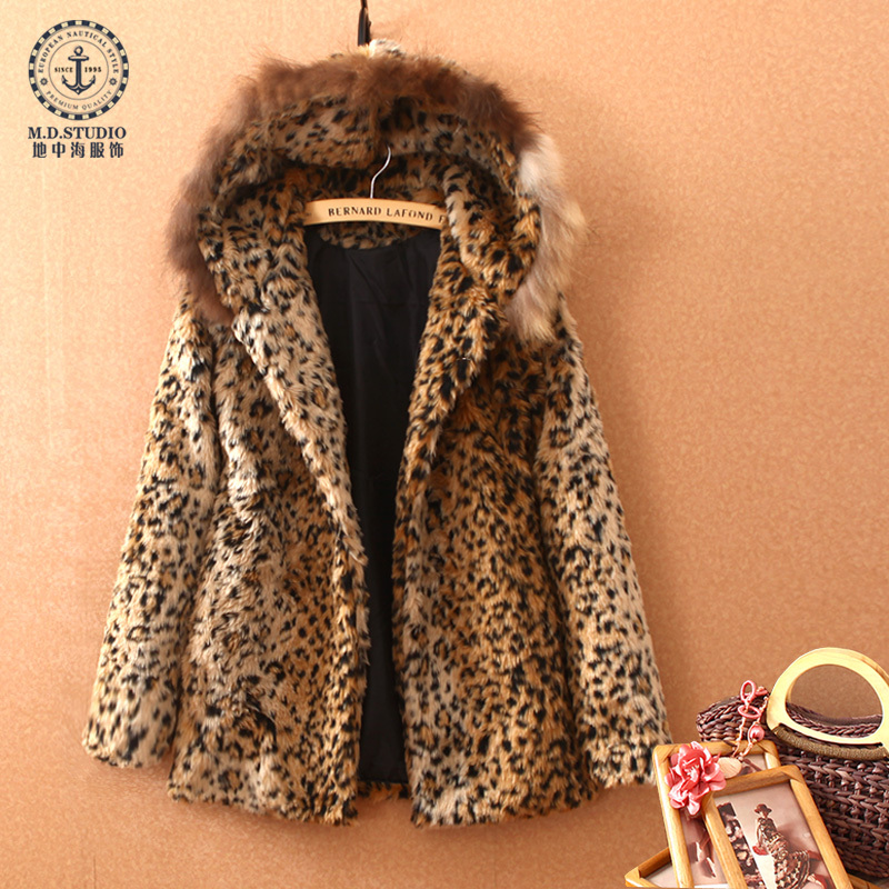 Free shipping 2012 female faux fashion leopard print outerwear medium-long with a hood real fur outerwear