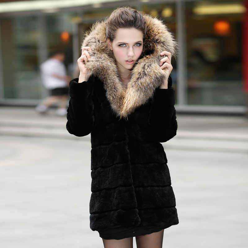 free shipping 2012 female high quality rabbit fur raccoon fur tie cap winter overcoat fur coat sy1817 douhua