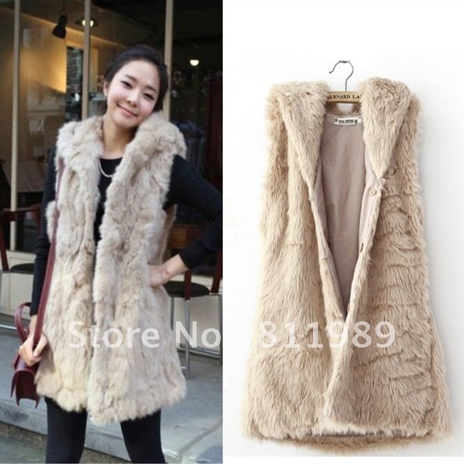 Free shipping 2012 female plush artificial rabbit fur faux with a hood medium-long vest outerwear