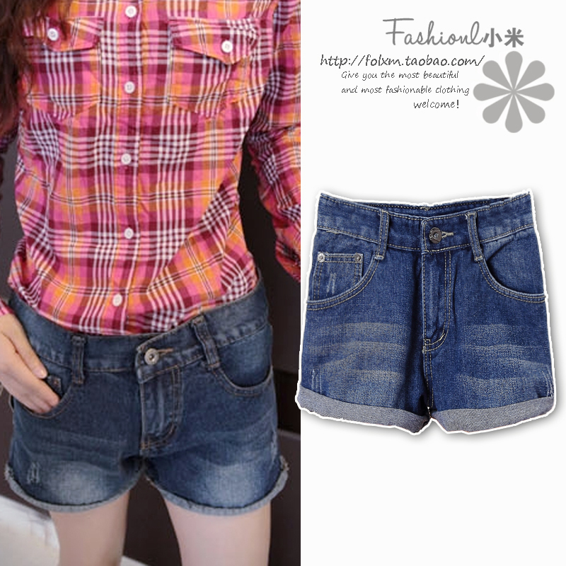 Free Shipping, 2012 female trend roll-up hem slim casual denim shorts