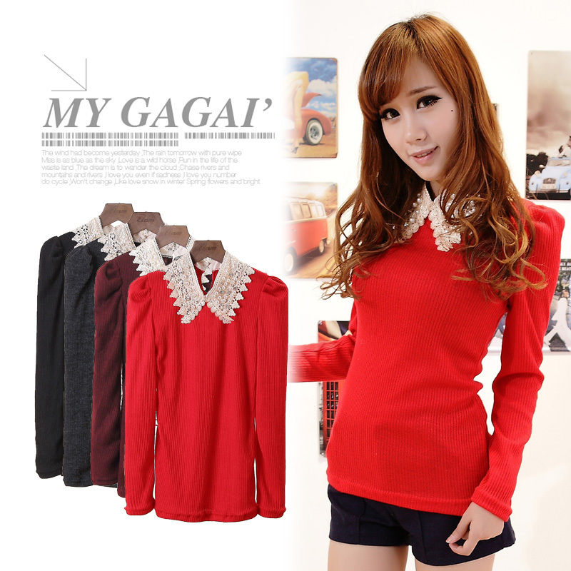 Free shipping 2012 female vintage cutout beading puff sleeve pullover basic sweater e54