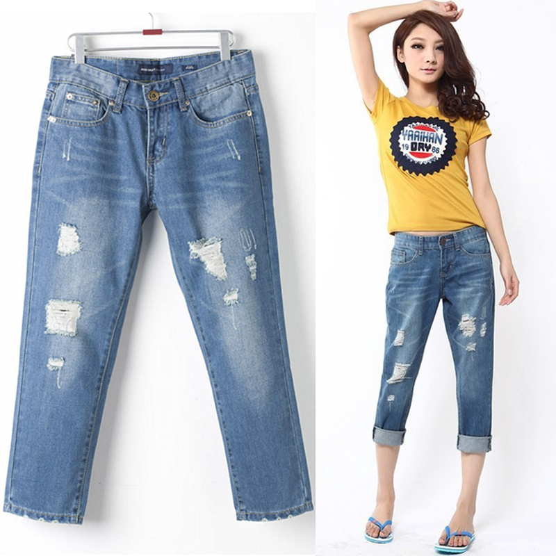 Free shipping, 2012 female wearing white hole jeans female loose casual jeans ankle length trousers