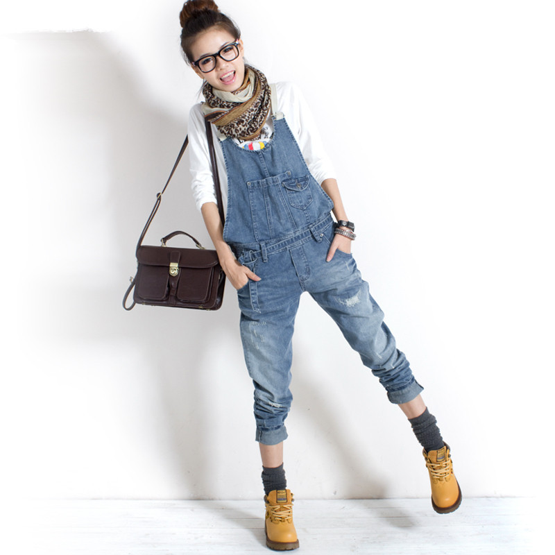 Free shipping 2012 four seasons paragraph loose distrressed casual denim jumpsuit denim bib pants female clothes long woman