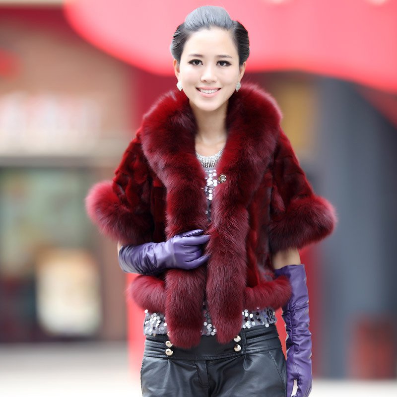 free shipping 2012 fox fur fight mink cape women's short design leather coat mink fur