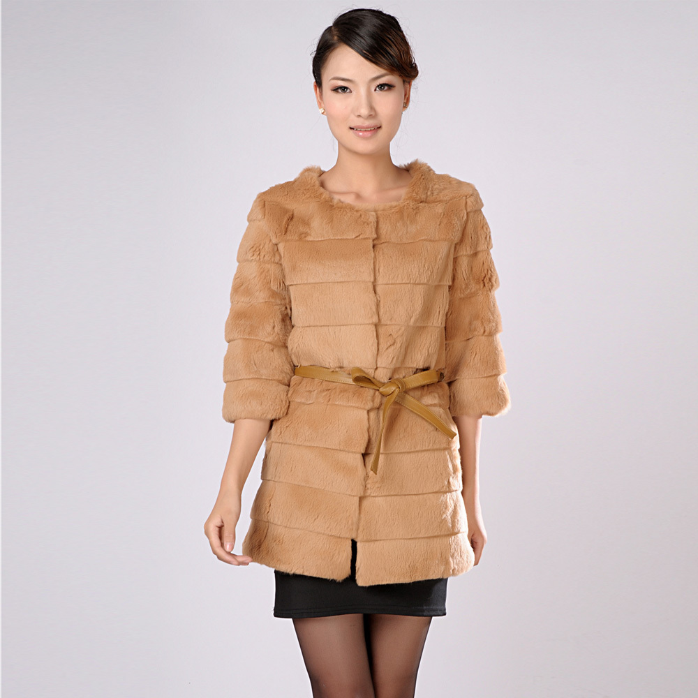 Free shipping 2012 full leather rabbit fur o-neck horizontal stripe fur coat fur medium-long outerwear