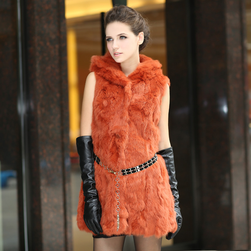 Free shipping 2012 fur coat women slim vest rabbit fur vest hooded