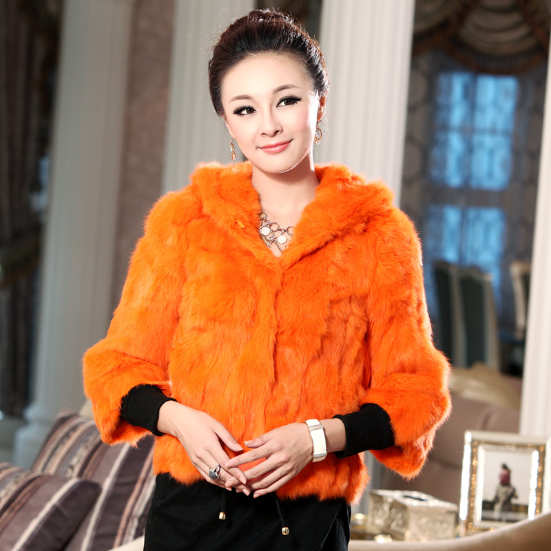 Free shipping 2012 fur short design women's top fur rabbit fur hooded outerwear