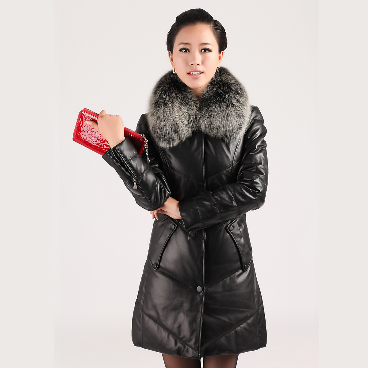 free shipping  2012 genuine leather  women down coat female medium-long sheepskin fox  outerwear down jacket