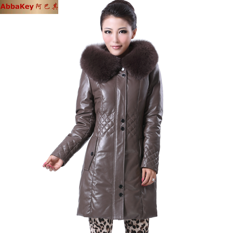 free shipping 2012 genuine leather  women's genuine leather  women down coat long design down sheepskin fox fur down jacket