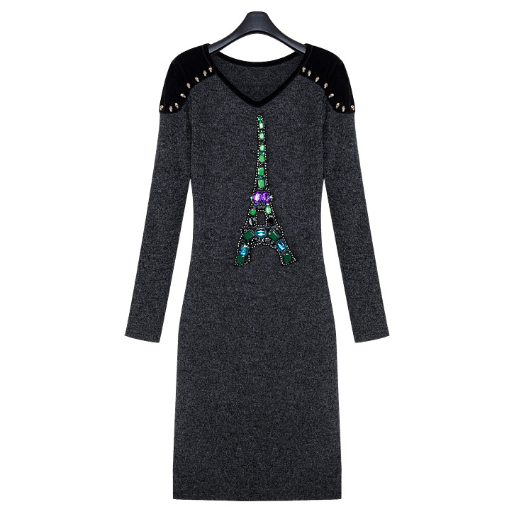 Free shipping 2012 handmade beading velvet patchwork medium-long slim wool one-piece dress op1397