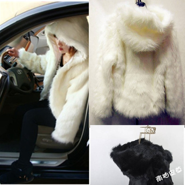 Free Shipping 2012 hat short design Hooded Faux fur coat (Black+White+Beige+S/M/L/XL)121009#12