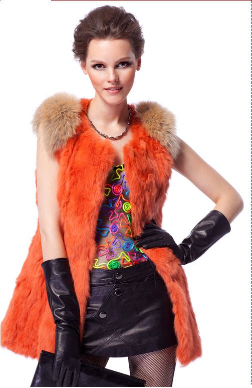 Free shipping! 2012 High Fashion New Design Lady's Knitted  Rabbit Fur Vest With Raccoon Dog Collar  coat outwear  jacket   H27