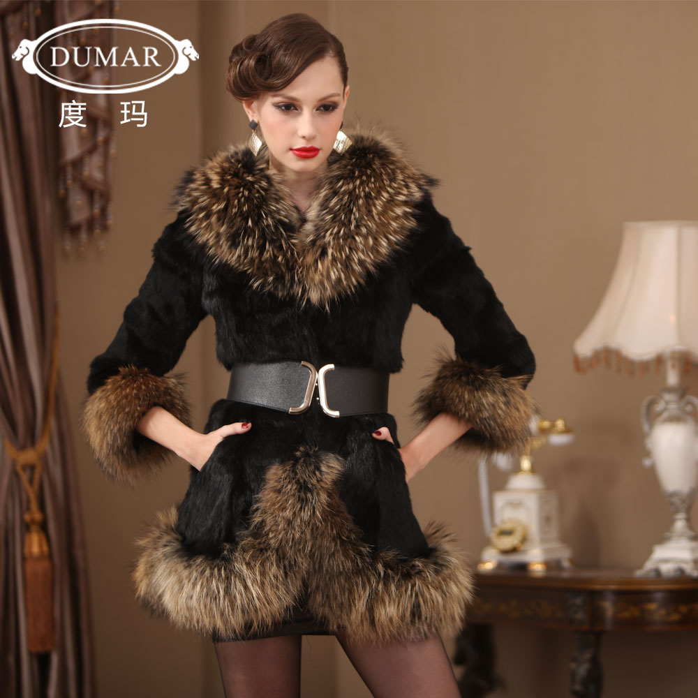 free shipping 2012 high quality rabbit fur overcoat large raccoon fur female fur coat pc0681