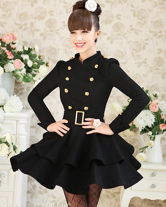 Free Shipping 2012 Hitz Black Leather Double Gold Buckle small collar waist big woolen dress