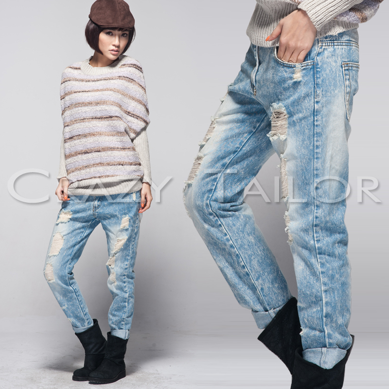 Free Shipping 2012 hole pants female beggar pants fashion loose casual wearing white light color jeans