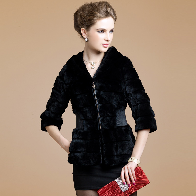 Free shipping 2012 hooded slim female rex rabbit hair fur coat sy8551