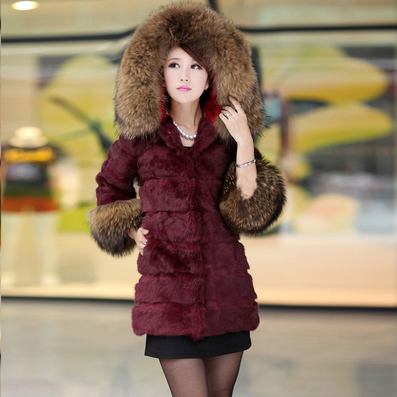 free shipping 2012 hooded slim rabbit fur coat large raccoon fur outerwear