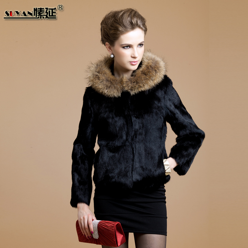 Free shipping 2012 hooded slim rabbit fur coat large raccoon fur overcoat sy8876