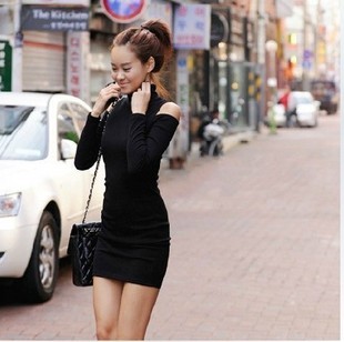 free shipping 2012 hot sale sexy fashion women's turtleneck cutout long-sleeve sexy slim basic one-piece dress 016