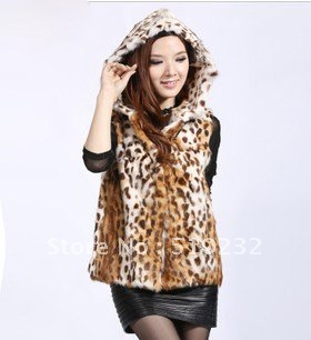 Free Shipping 2012 hot sale style, genuine rex rabbit fur hooded gilet, leopard print fur gilet for women