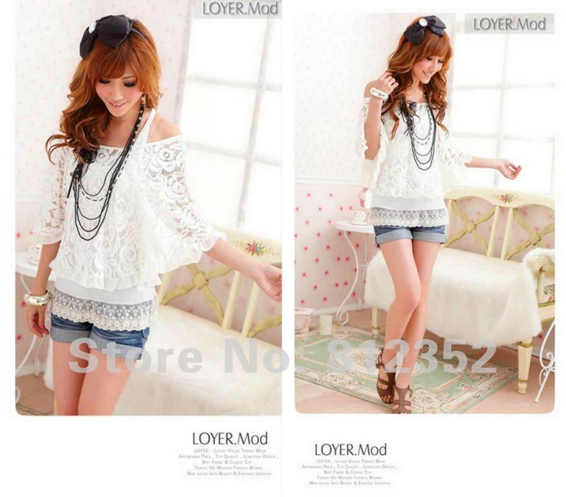 Free shipping 2012 Korea 2pcs Casual Batwing Sleeve Lace Blouses tank top Women's Off Shoulder T-Shirt