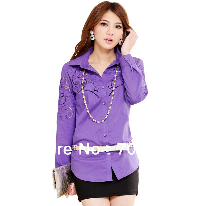 Free Shipping 2012 Korean Fashion Elegant OL 100% Cotton Embroidery  Long Sleeve Formal Shirt Women