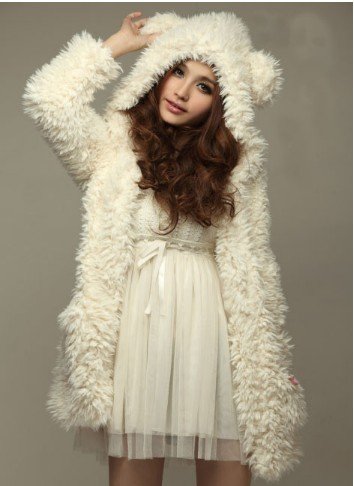 Free Shipping 2012 Korean Style Lovely Bearear Hooded Women Fur Coat  White (Wholesale&Retail&Dropship)