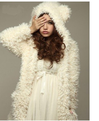 Free Shipping 2012 Korean Style Lovely Bearear Hooded Women Fur Coat White (Wholesale&Retail&Dropship