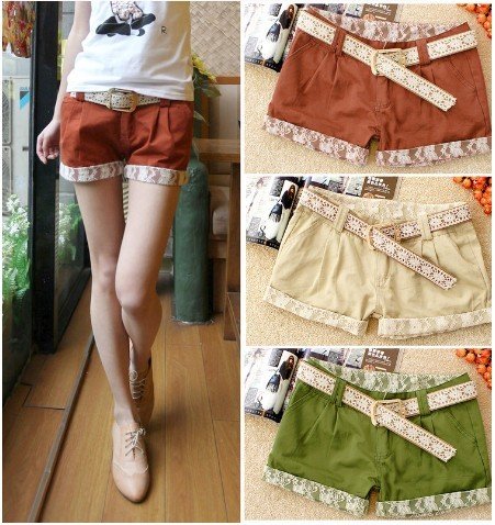 Free shipping,2012 Lace Decoration Fashion Ladies  Short Pants With Belt#21D5