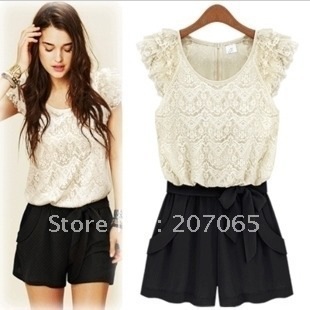 Free shipping 2012 lace ruffle sleeve jumpsuits overall,women shorts,women jumpsuits SIZE S,M,L XL, 3 colour