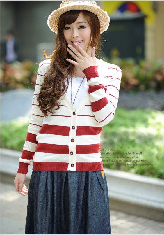 Free shipping 2012 lady autumn new Korean knit cardigan long-sleeved thickness striped knitted jacket