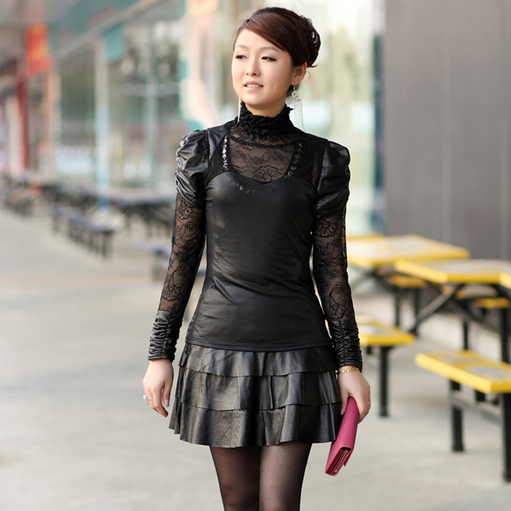 Free Shipping! 2012 leather clothing autumn sheepskin lace turtleneck sexy women's slim basic shirt