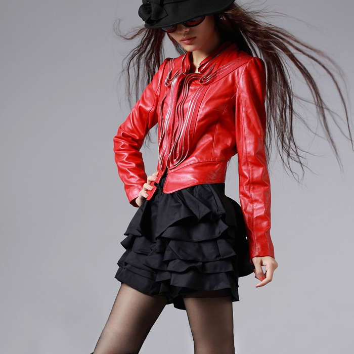 Free shipping 2012 leather clothing outerwear front zipper women's short design jacket slim leather clothing