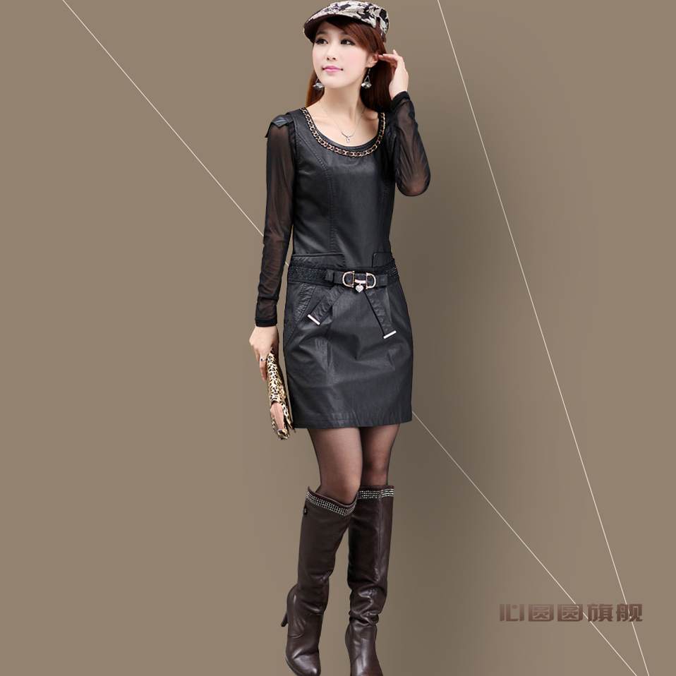 Free shipping 2012 leather skirt PU one-piece dress autumn and winter basic skirt elegant slim hip slim tank dress