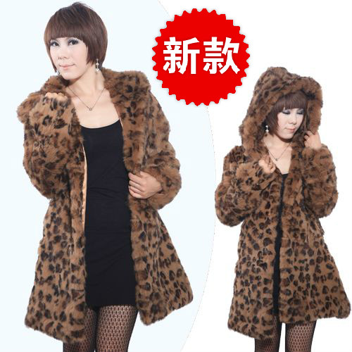 free shipping 2012 leopard print belt big hat rabbit fur ultra long paragraph fur coat fur genuine leather overcoat