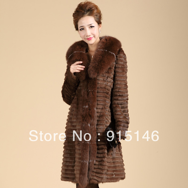 Free Shipping 2012  Long Fox Fur Collar Rex Rabbit Fur Coat Long Paragraph female Women Outwear High Quality Hot Selling