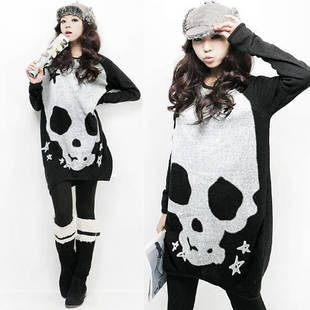 free shipping 2012 long sleeve length loose print skull sweater t-shirt