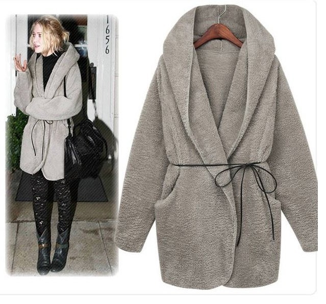 Free shipping 2012 loose plus size clothing cloak hooded plush fur cardigan with belt