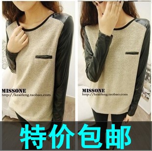 free shipping 2012 loose pocket patchwork leather top all-match long-sleeve T-shirt Women basic shirt