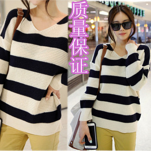 Free Shipping 2012 loose stripe long-sleeve basic sweater high quality women's mercerized cotton sweater outerwear121015#2