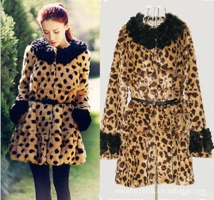 Free shipping 2012 Luxury Winter Leopard Design Woman Coat Faux Fur With Rabbit Hair Collar Long Outwear Belted Overcoat LC03