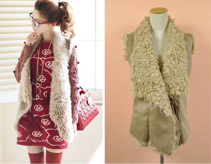 free shipping 2012 magazine small Hu sheep fur new arrival one piece vest 0012