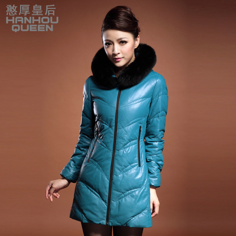 free shipping  2012 medium-long hooded sheepskin slim leather down coat female genuine leather clothing outerwear