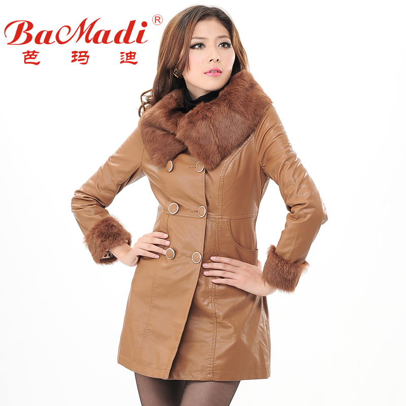 free shipping 2012 medium-long PU clothing outerwear rabbit fur collar female thickening leather wadded jacket 2038