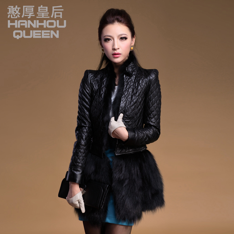 free shipping  2012 medium-long sheepskin slim fox fur leather down coat female genuine leather clothing outerwear