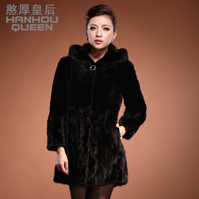 free shipping  2012 medium-long with a hood mink hair leather overcoat fight mink fur coat