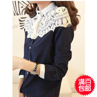 Free shipping 2012 mushroom women's slim basic shirt top lace patchwork chiffon shirt