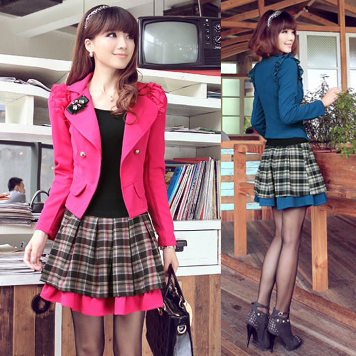 Free shipping 2012 new arrival 105 long-sleeve outerwear plaid dress twinset professional set Wholesale price